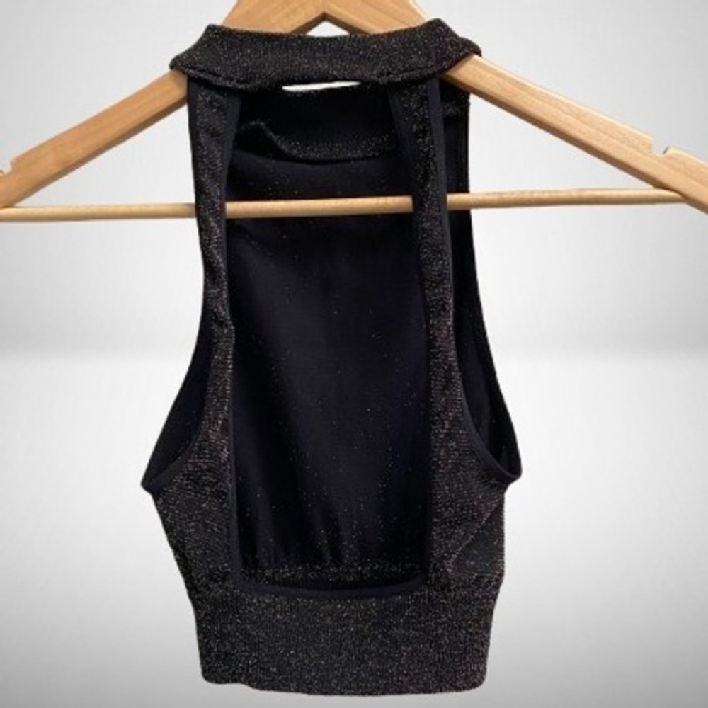 NEW Free People‎ Intimately Shimmer High Neck Open Back Crop Top Black Gold XS/S